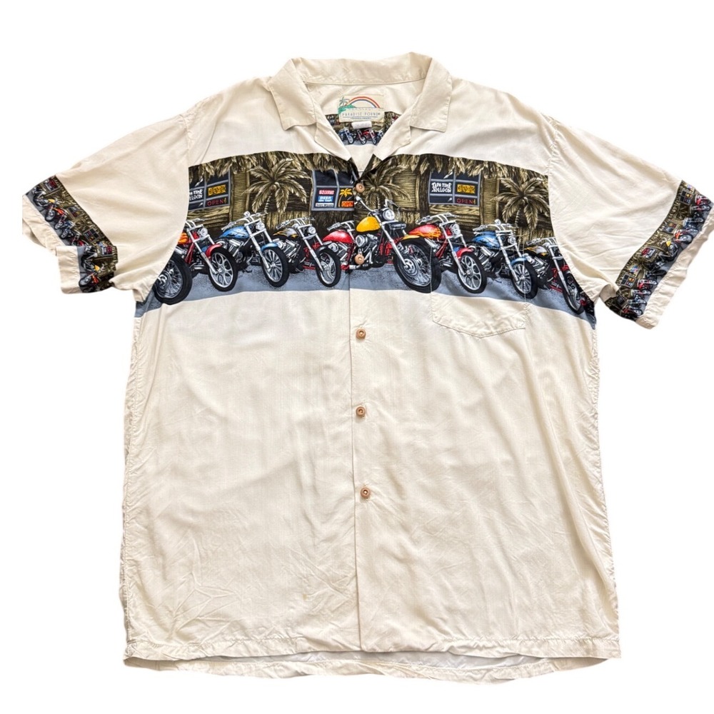 Paradise Found Mens Large Rayon Hawaiian Shirt Motorcycle Tiki Bar